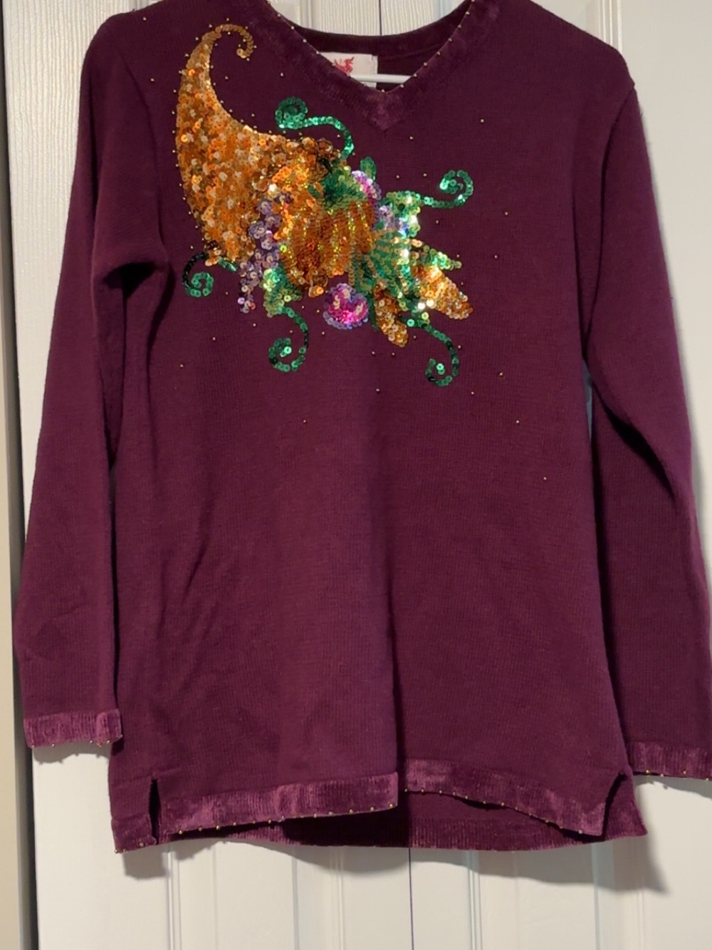 Vintage Quacker Factory Thanksgiving cornucopia Embellished Sweater size XS